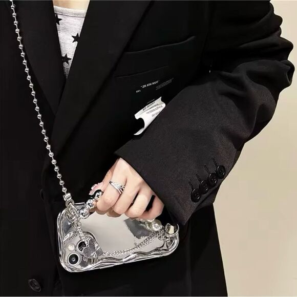 Silver Mirror iPhone 16 Case with Chain and Beads - Picture 3 of 9